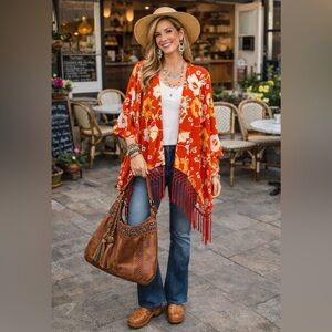 Diane Gilman Red Floral Fringe Kimono Cover-Up Red XS/S NWT